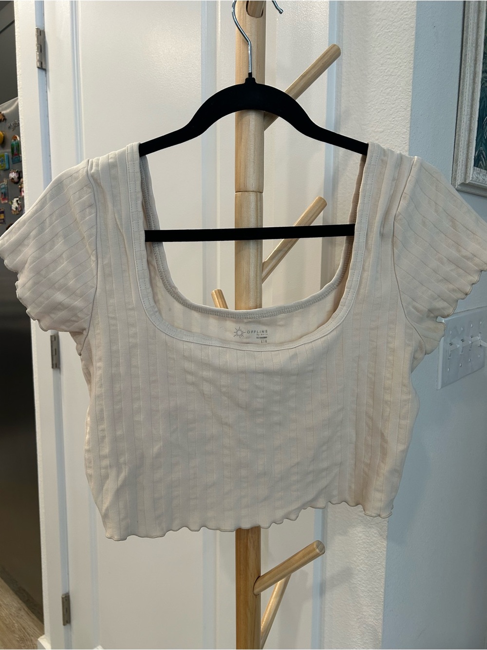 Cream Ribbed Square-Neck Crop Top